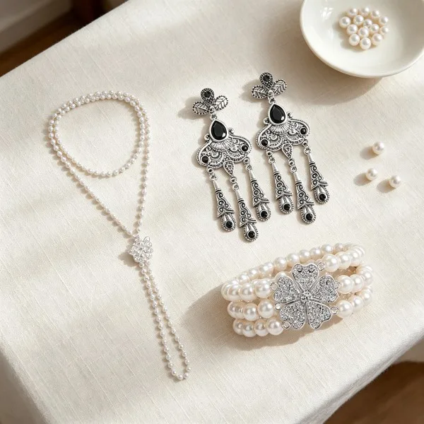 Vintage Imitation Pearl Beaded Y-Shaped Necklaces Black Stone Tassel Drop Earrings Rhinestone flower Bracelets for Women fashion Jewelry Sets view 2