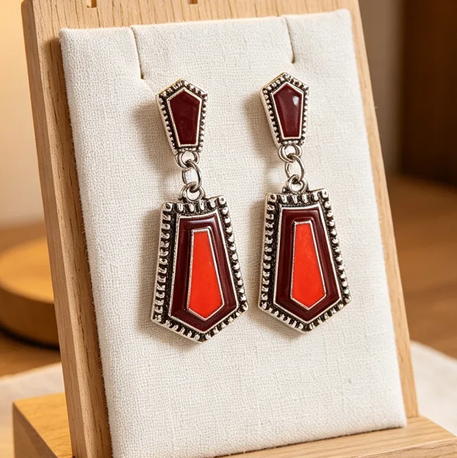 Vintage Boho Red Geometric Trapezoid Inlaid Bib Necklaces Layer Drop Earrings Ethnic Tribal Holiday Women Statement chunky Jewelry view 3