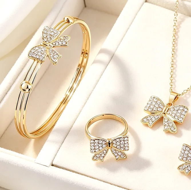 luxury Rhinestone Beaded Pendant Necklaces Mini Bow Stud Earrings Bracelets for Women fashion Jewelry Sets view 2