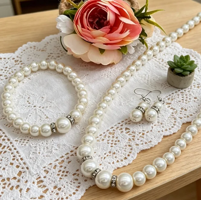 Minimalist white Imitation Pearl Single Strand Necklaces Dangle Earrings Beaded Stretch Bracelets Women classic Jewelry Sets