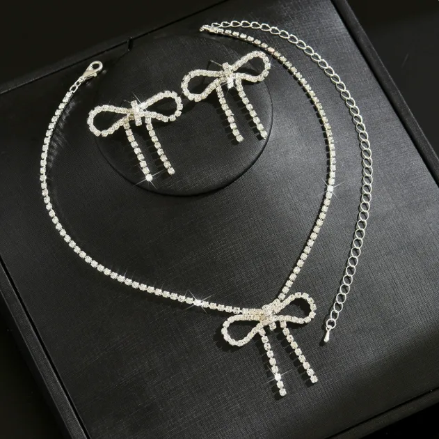 Sweet Bow full Rhinestone Pendant Choker Necklaces Bowknot Drop Earrings Jewelry Sets for Women Accessories