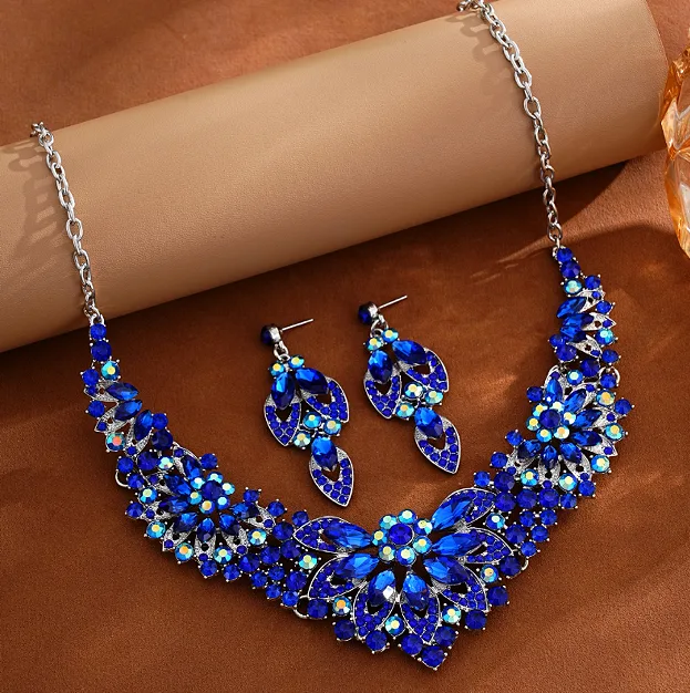 Luxury Leaf Floral flower Full Rhinestone Bib Choker Necklaces Long Drop Earrings Royal Blue diamond Party Women Jewelry Sets view 2