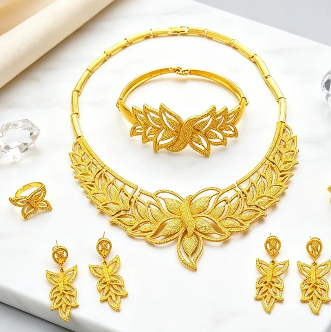 Dubai Luxury Hollow Floral Necklaces Leaf Flower Dangle Earrings Wide Cuff Bracelets Flower Rings Wedding Jewelry Sets for bridal women view 3