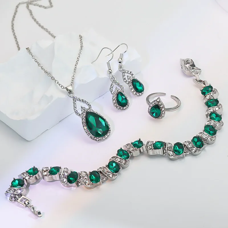 Luxury waterdrop blue Stone Halo Pendant Necklaces Teardrop Drop hoop Earrings tennis Bracelets open Rings for Women party Jewelry Sets view 2