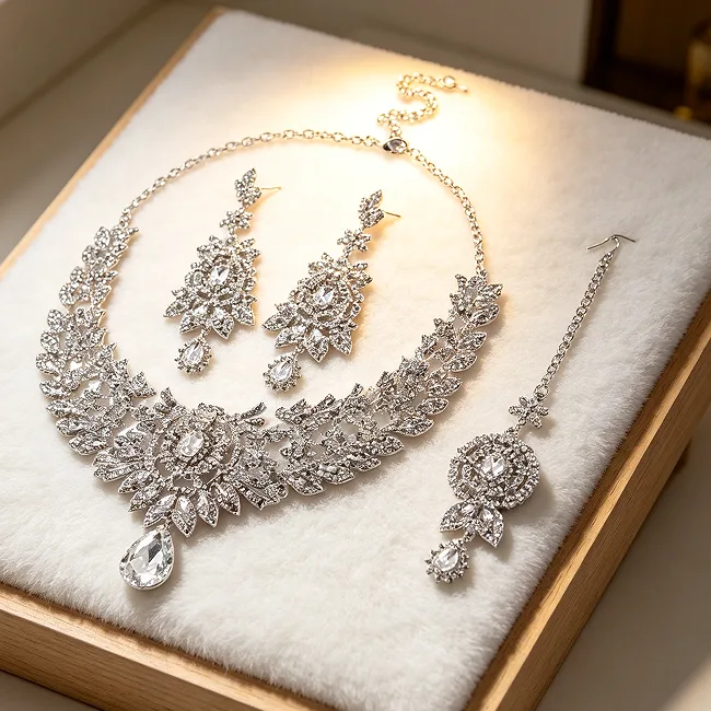 Luxury Floral Rhinestone Bridal Choker Necklaces Long Drop Earrings Forehead Chain Elegant Wedding Party Women Jewelry dainty accessories view 3