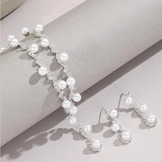 French Glam Teardrop Rhinestone Pearl Y Drop Necklaces Dangle Earrings Women Bridal wedding Jewelry Sets