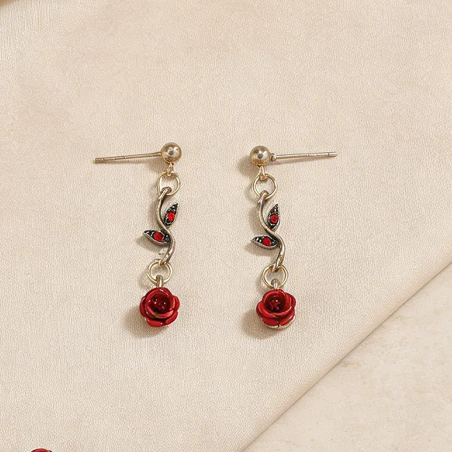 Red Rose Vine Floral Drop Necklaces Adjustable bracelet Earrings Romantic Feminine Elegant Statement Jewelry for women Valentine's Day view 2