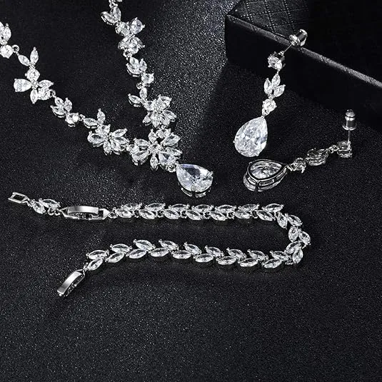 Minimalist Flower full with Rhinestone Y-Shaped Necklaces Teardrop Stone Drop Earrings leaf Bracelets Women fashion party Jewelry Sets view 2