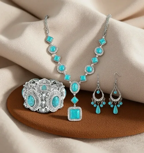 Boho Vintage Multi Shape Turquoise Stone Pendant Necklaces Teardrop Tassel Drop Earrings Embossed Hollow Wide Bangles Women Holiday Party Jewelry Sets view 2