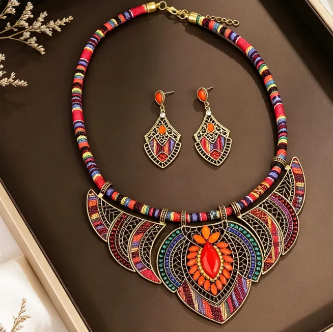 Bohemian red Ethnic Colorful Fabric Statement Choker Necklaces Geometric Block Dangle Earrings Women bridal vintage Jewelry Sets