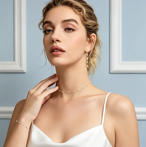 whoselase fashion white Imitation Pearl chain necklaces bracelet drop earrings sets for Women bridal wedding jewelry view 3