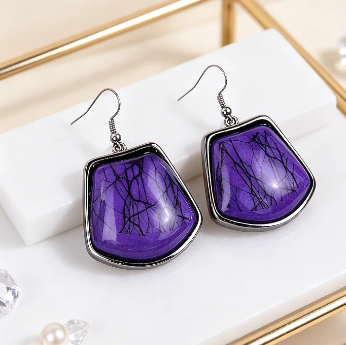 Boho Gradient Purple Crack Texture Geometric Panel Collar Necklaces Trapezoid Hook Dangle Ear Pendants Women Ethnic Vintage Party Statement Jewelry Sets view 3