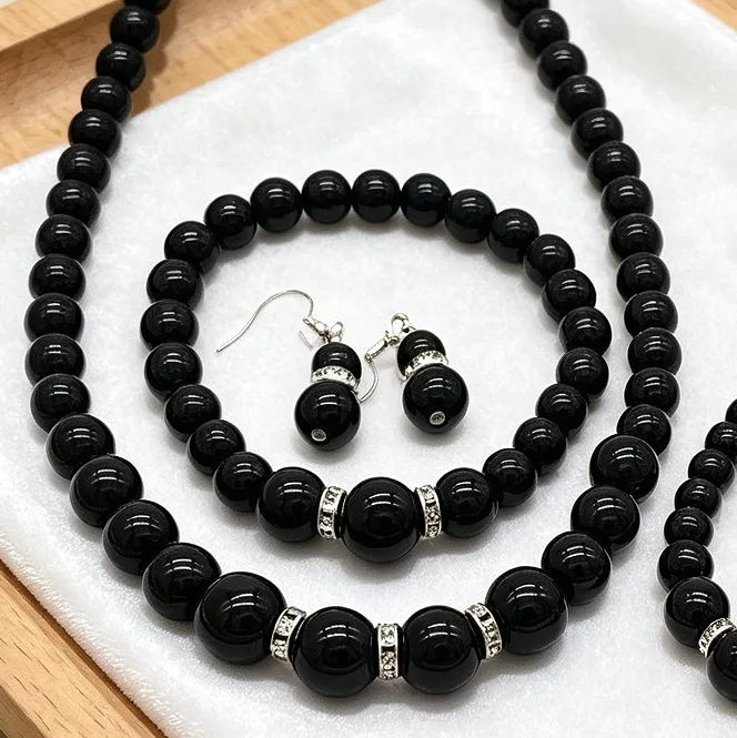 Minimalist Black Imitation Pearl Single Strand Necklaces Dangle Earrings Beaded Stretch Bracelets Women vintage Jewelry Sets view 3