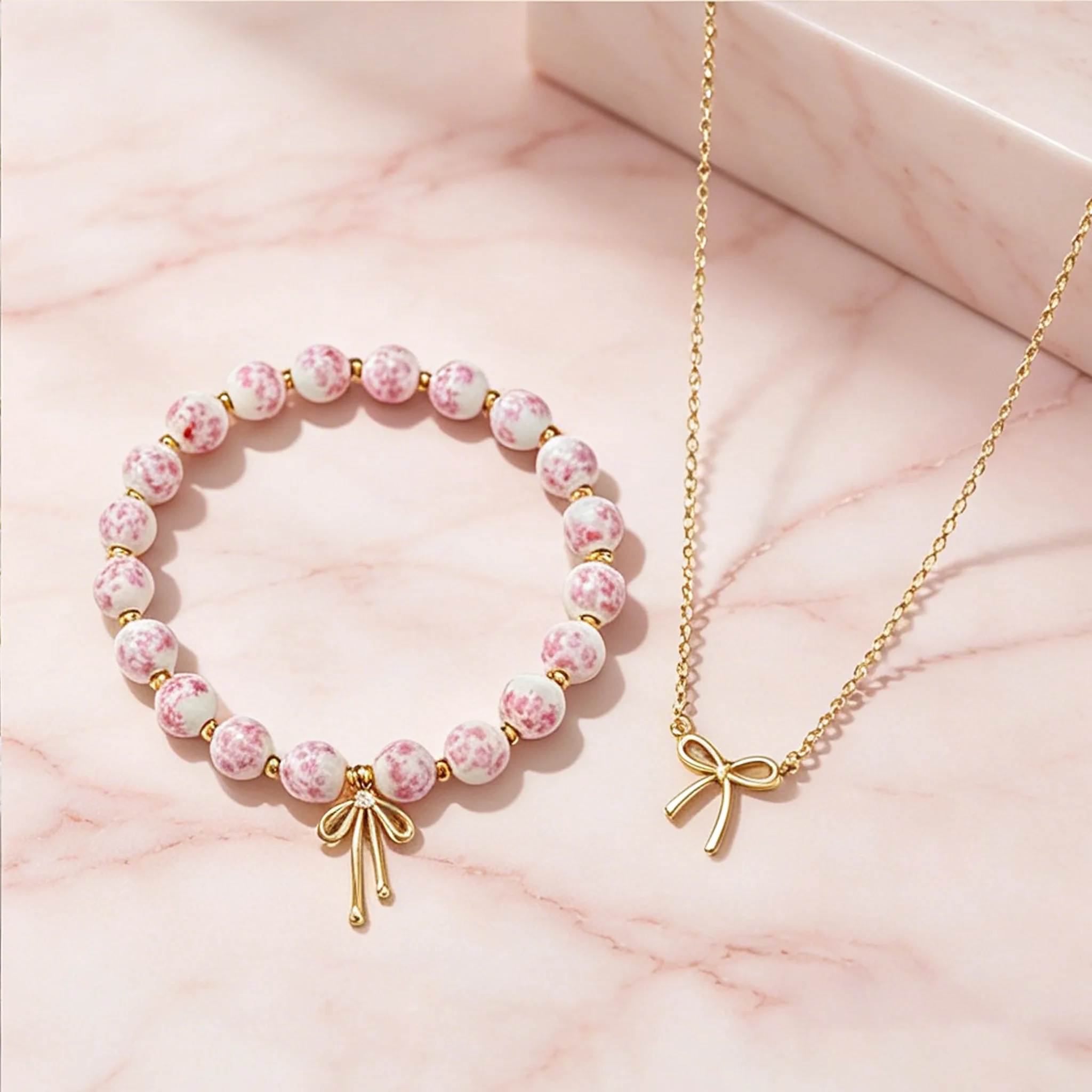 Elegant Ceramic Design bow Pendant Necklaces Chic Beaded Bracelets Jewelry Sets gold color jewelry for Women Daily Wear