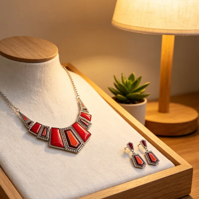 Vintage Boho Red Geometric Trapezoid Inlaid Bib Necklaces Layer Drop Earrings Ethnic Tribal Holiday Women Statement chunky Jewelry