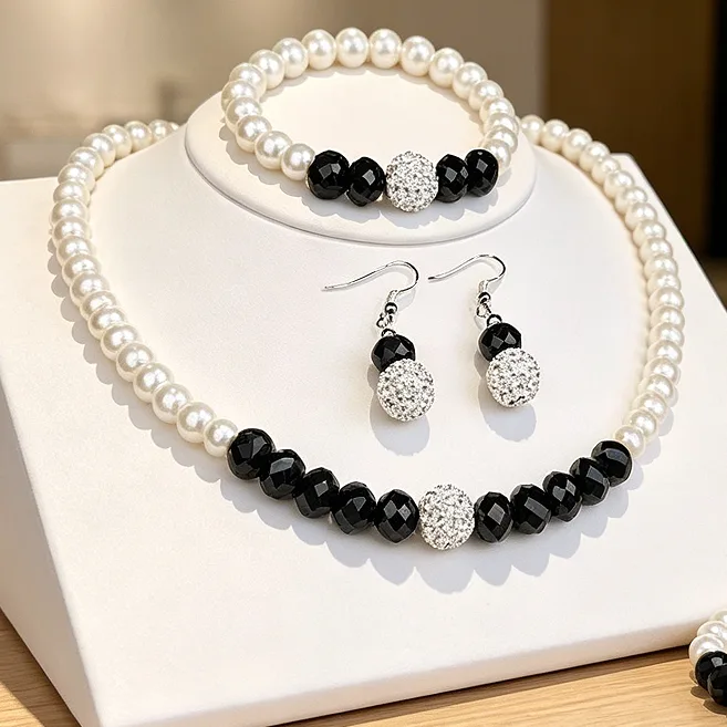 wholesale Contrast Black Faceted Bead & White Imitation Pearl Necklaces Rhinestone Ball Stretch Bracelets Dangle Earrings Women Jewelry Sets