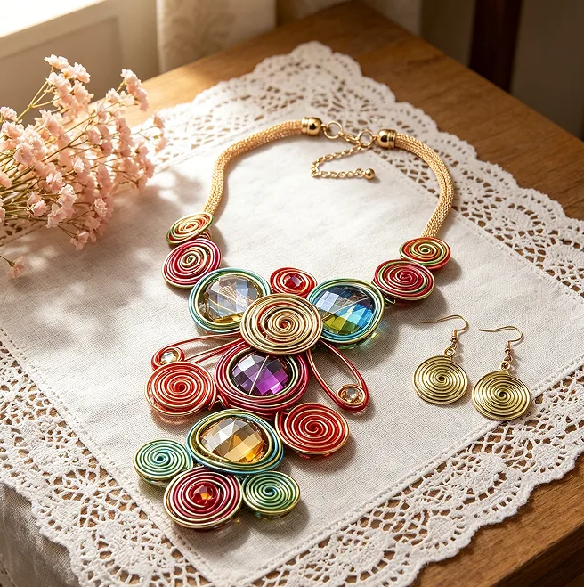 Bohemian Multicolor Swirl Woven Floral Bib Pendant Necklaces Spiral Disc Drop Earrings Ethnic Holiday Women chunky Statement Jewelry