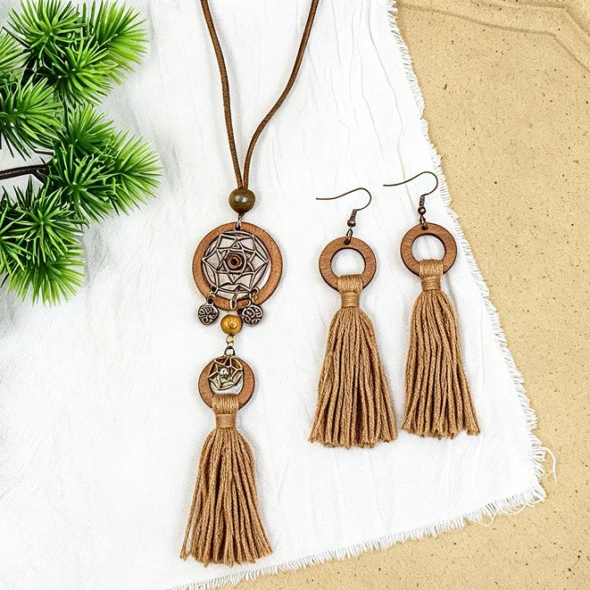 Bohemian Hollow Dreamcatcher Long Tassel Pendant Necklaces Circle Tassel Drop Earrings Ethnic Vintage Holiday Women Statement Jewelry