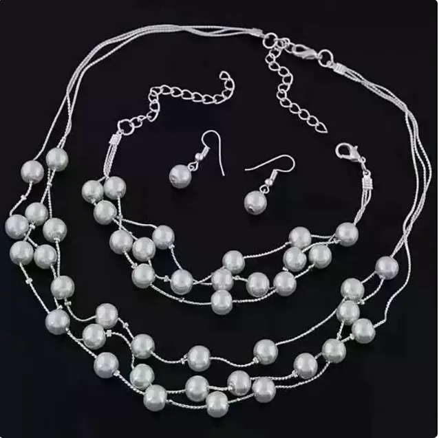 Minimalist Multi Layer Floating Pearl Strand Necklaces Hollow Loop Pearl Drop Earrings Women Daily Bridal Layering Jewelry Sets view 2