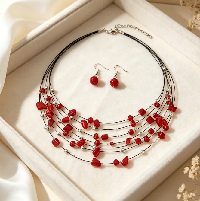 Bohemian Multi-Layer Irregular Red Chip Beaded Tassel Necklaces Dangle Earrings Women vintage Vacation Fashion Jewelry Sets view 3