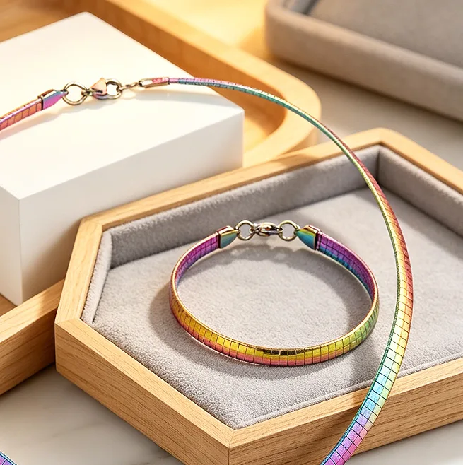 Colorful Iridescent Flat Snake Choker Necklaces Bracelets Minimalist Smooth Flat Chain Stainless Steel Jewelry Sets For Women Hypoallergenic Stackable Accessories