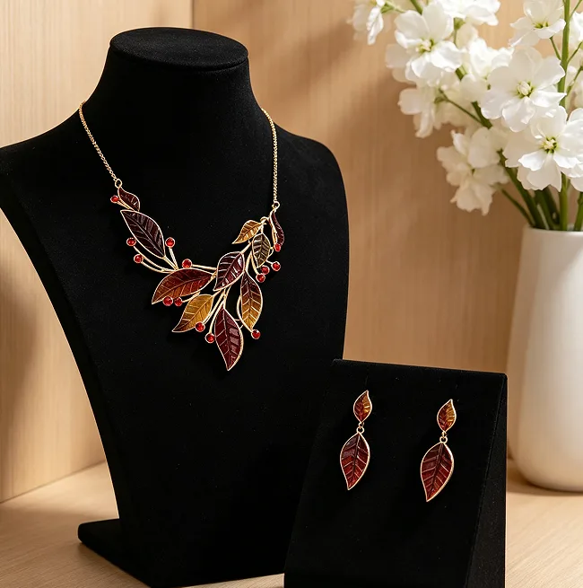 Autumn Gradient Enamel Leaf Branch Red Crystal Inlaid Bib Necklaces Two Tone Leaf Drop Earrings Retro Nature Women Fashion Statement Jewelry
