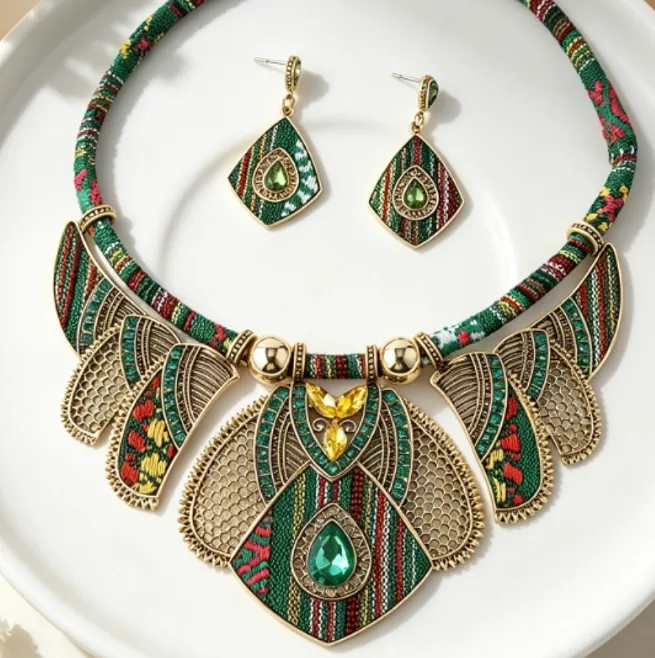Bohemian Ethnic Green Fabric Rhinestone Inlaid Petal Statement Collar Necklaces Rhombus Dangle Earrings Women Retro chunky Jewelry Sets