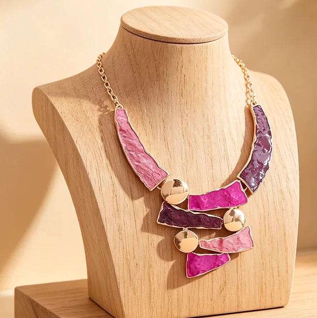 Bohemian Oil Painting Pink Purple Irregular Geometric Patchwork Pendant Necklaces Square Textured Stud Earrings Ethnic Block Women Statement Jewelry view 3