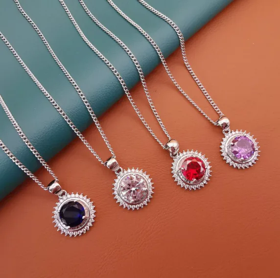 blue Rhinestone round pendant necklace classic wholesale hoops earrings ring for Women luxury jewelry sets view 3