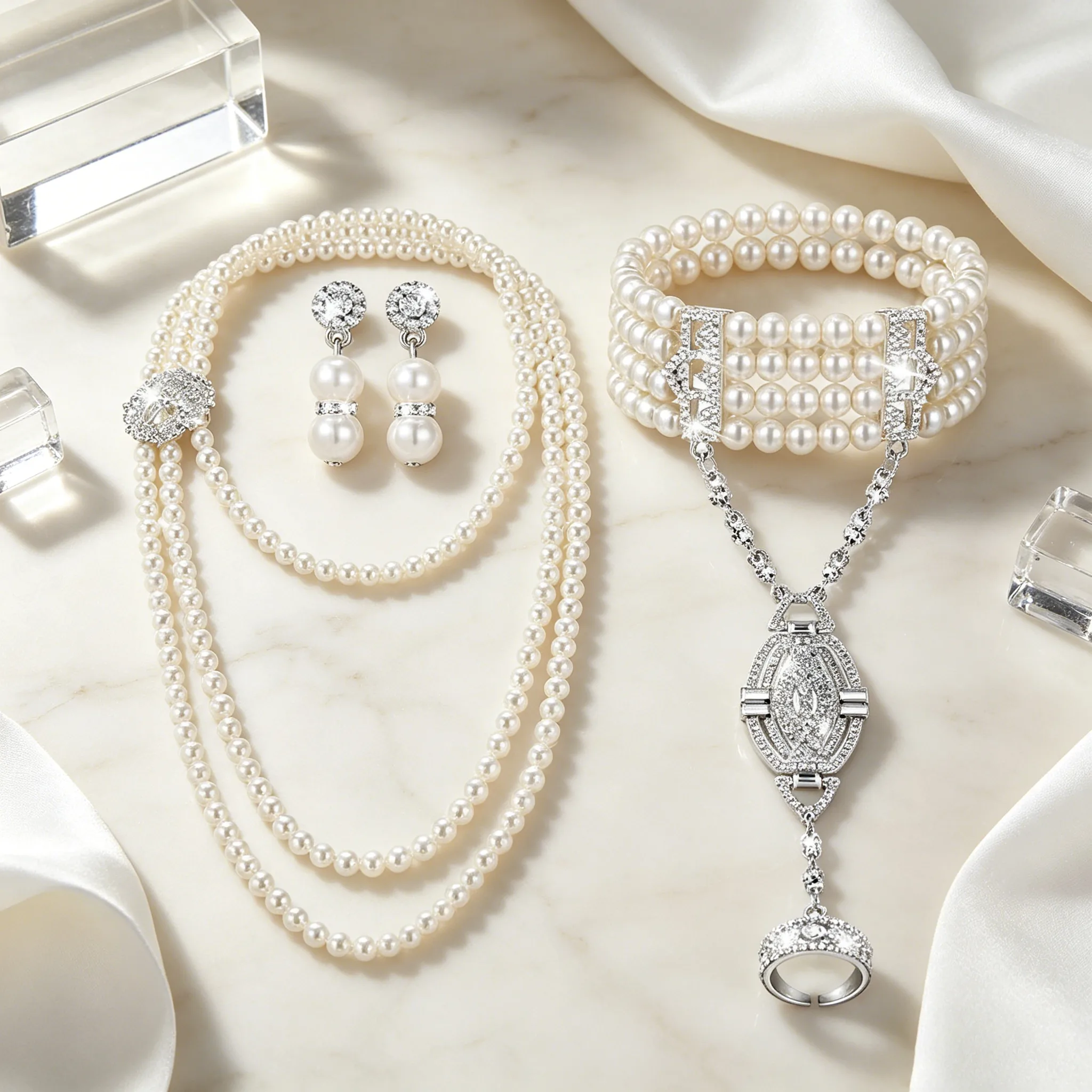 French long Imitation Pearl Necklaces Drop Earrings wide Bracelets ring Vintage MultilayerJewelry Sets for Women Wedding