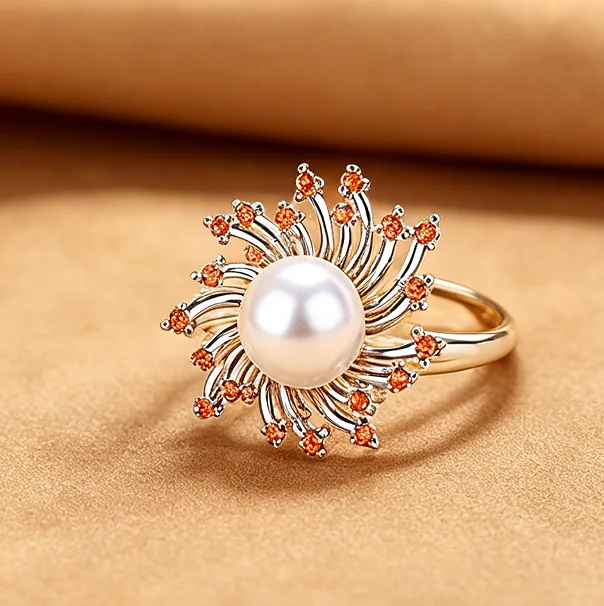 wholesale Copper Firework Designer Imitation Pearl Flower pendant necklace earrings ring sets for Women wedding jewelry view 3