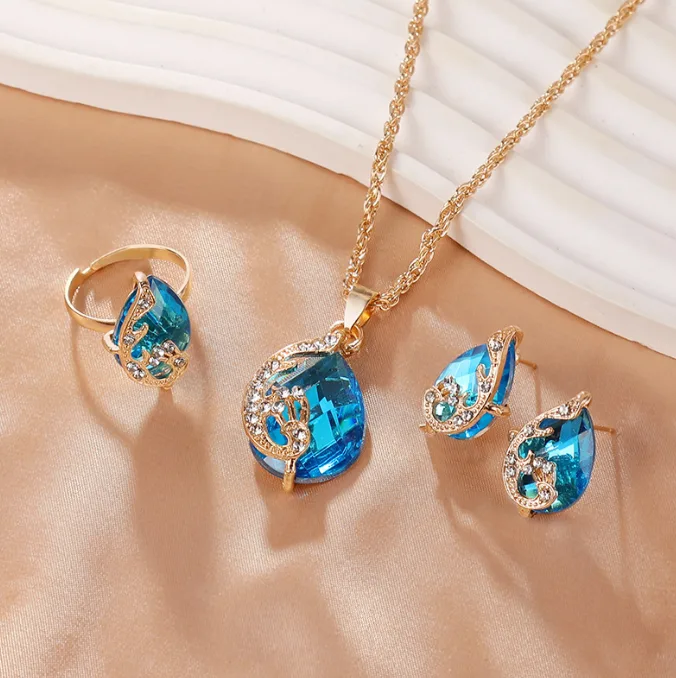 Bright Blue Teardrop Peacock Pendant Necklaces Decorative Stud Earrings Ornaments Adjustable Open ring Jewelry for women sets view 2