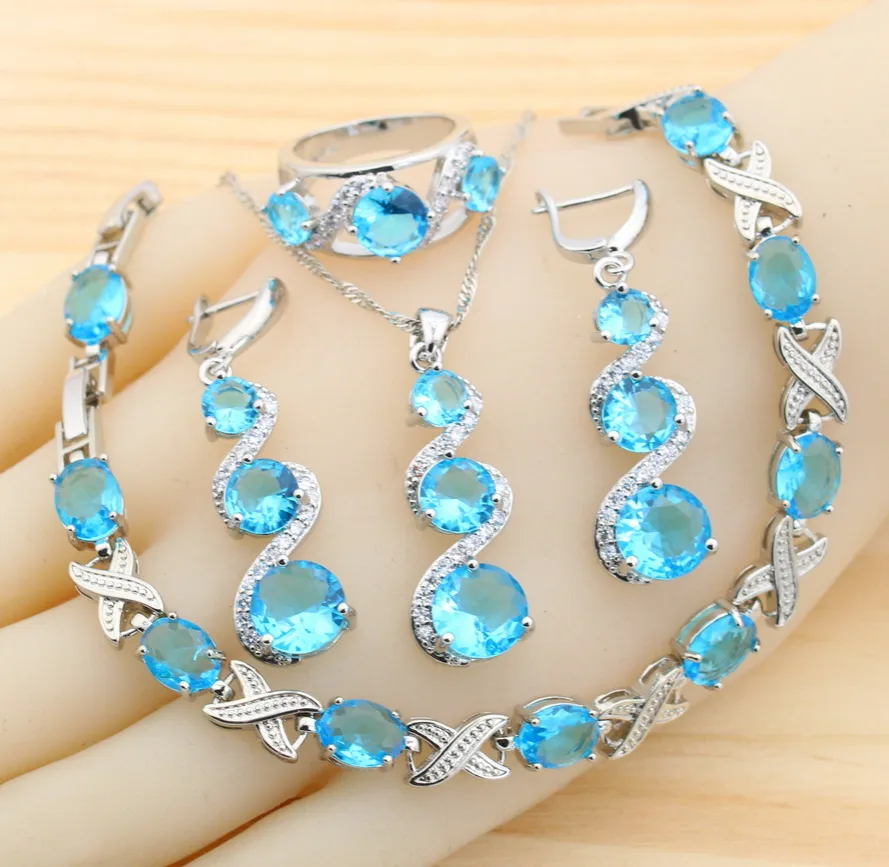 Full blue Rhinestone pendant necklace luxury hoops earrings bracelets ring fancy for ladies Women luxury jewelry sets view 3