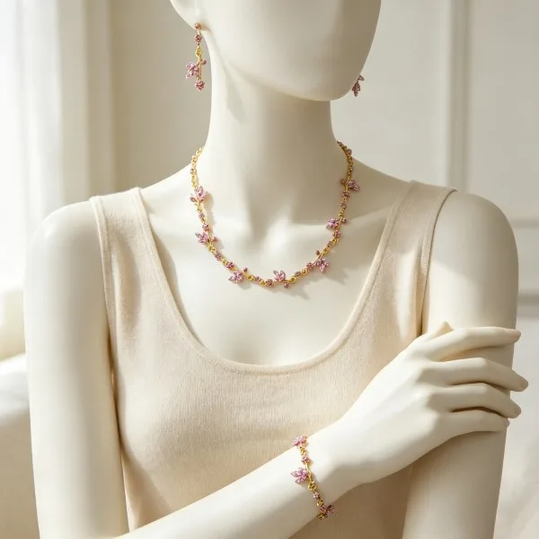 Romantic Floral flower Pink Stone Necklaces Drop Earrings Bracelets Women Wedding Bridal Party gold color Jewelry Sets view 3