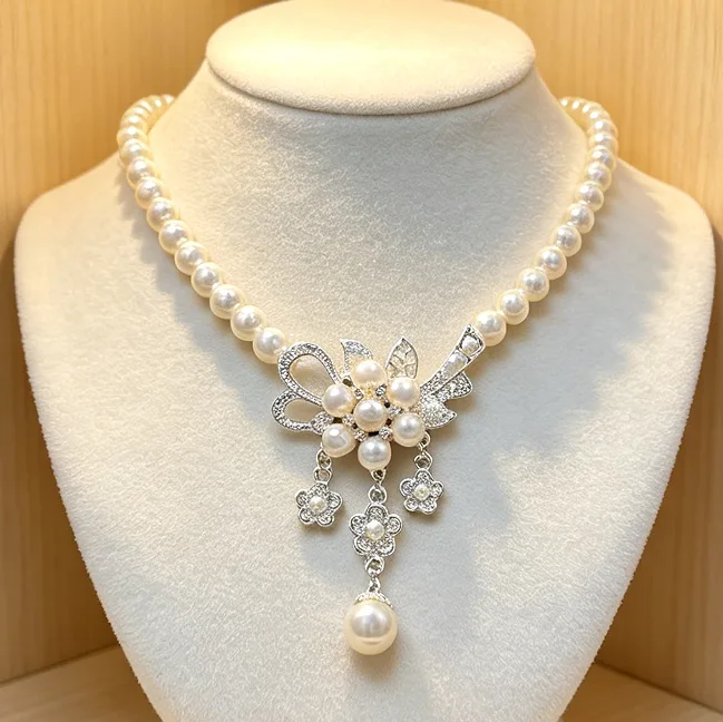 Elegant Floral Rhinestone Pendant Necklaces flower Drop Earrings Imitation Pearl beaded Bridal Wedding Banquet Women Jewelry Sets view 3