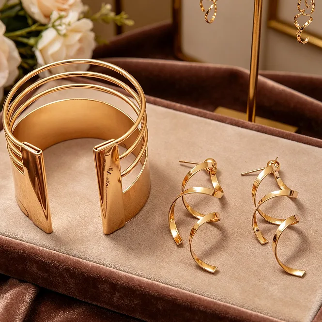 Triple Layer Curved Choker Necklaces Twisted Wavy Linear Drop Earrings Multi Wire Open Wide Cuff Bangles Women Minimalist Geometric Statement Jewelry Sets view 2