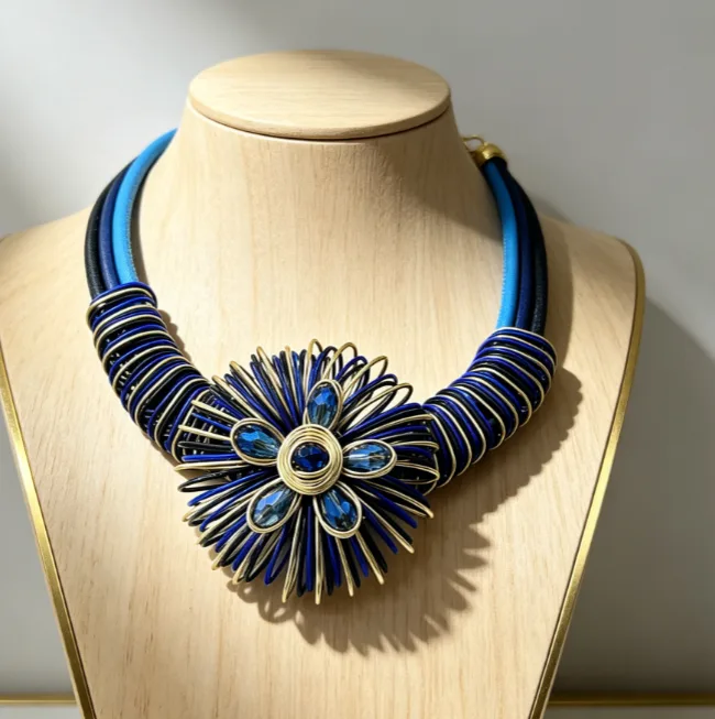 Ethnic Handmade Blue Golden Striped Floral Bib Pendant Necklaces Spiral Circle Drop Earrings Bohemian Vacation Women Statement Jewelry view 2
