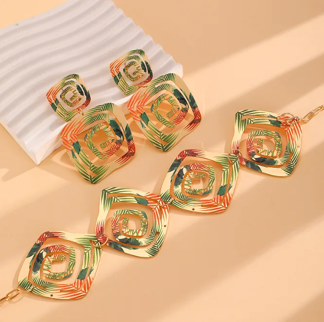 Exaggerated colorful Gradient Geometric Square Layered Necklaces Pattern Drop Earrings Trendy Party Women Statement Jewelry Sets view 2