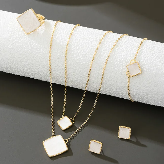 Minimalist Double Square Swirl Texture Pendant Necklaces Matching Bracelet Stud Earrings Adjustable Ring Elegant Office Daily Women Statement Jewelry