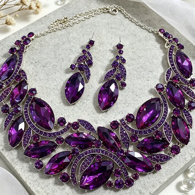 Vintage Oversized Marquise Sapphire Tone Rhinestone Floral Bib Collar Necklaces Cascading Leaf Drop Earrings Accents Women Formal Gala Statement Jewelry Sets