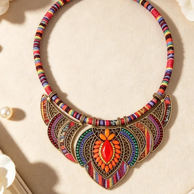 Bohemian red Ethnic Colorful Fabric Statement Choker Necklaces Geometric Block Dangle Earrings Women bridal vintage Jewelry Sets view 2