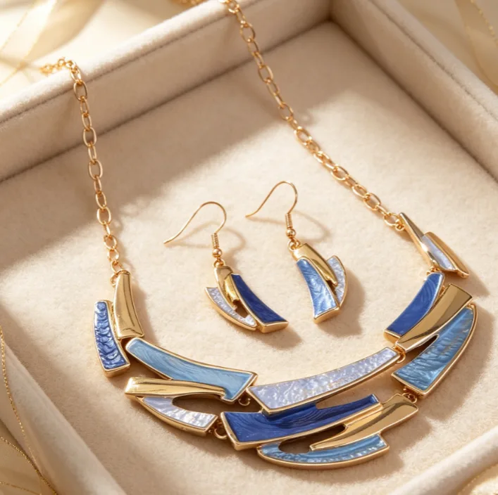 Bohemian Oil Painting Gradient Blue Irregular Geometric Bib Choker Necklaces Drop Earrings Ethnic Statement Jewelry for Women