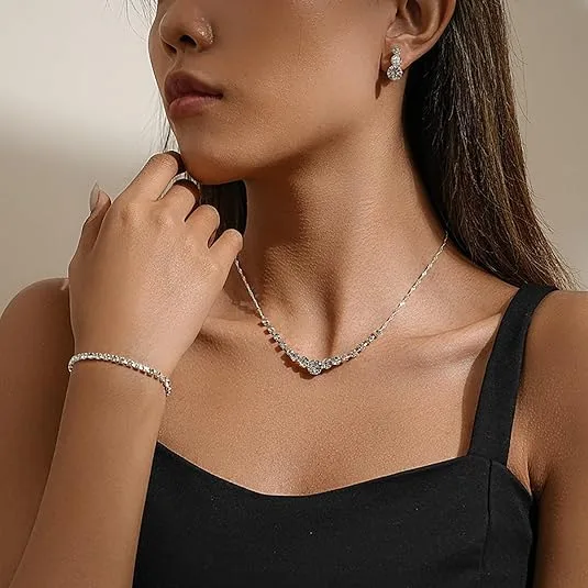 Full Rhinestone Bridal Wedding 3 Piece Sets jewelry tennis bracelet drop earrings Minimalist necklaces for women view 3