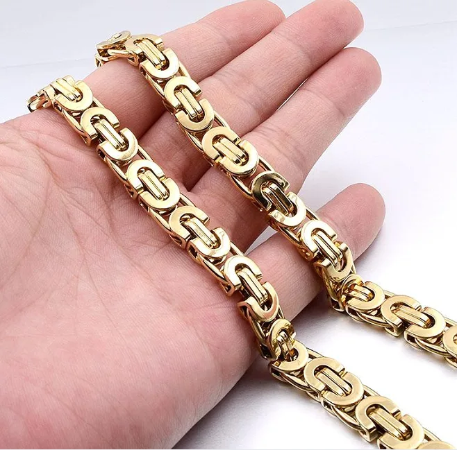 Two Tone Black Plated Stainless Steel Flat Rectangular Interlock Link Chain Necklaces Toggle Clasp Stainless Steel Flat Link Bracelets Men Punk Hip Hop Statement Jewelry Sets view 3