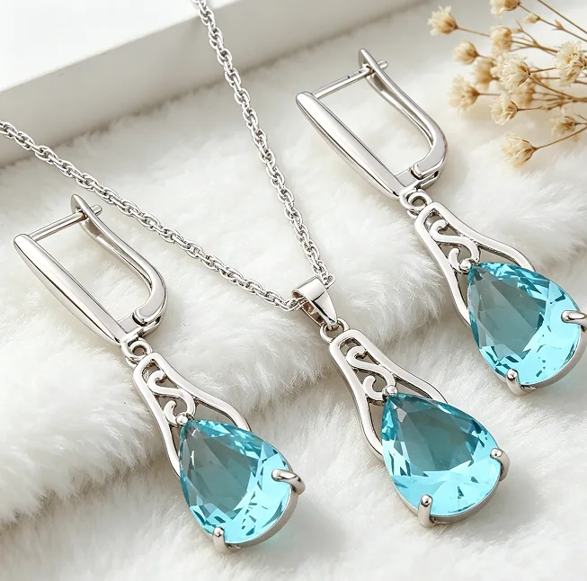 Vintage Hollow Teardrop Champagne Zircon Pendant Thin Chain Necklaces CZ Huggie Drop Earrings for Women classic Jewelry Sets