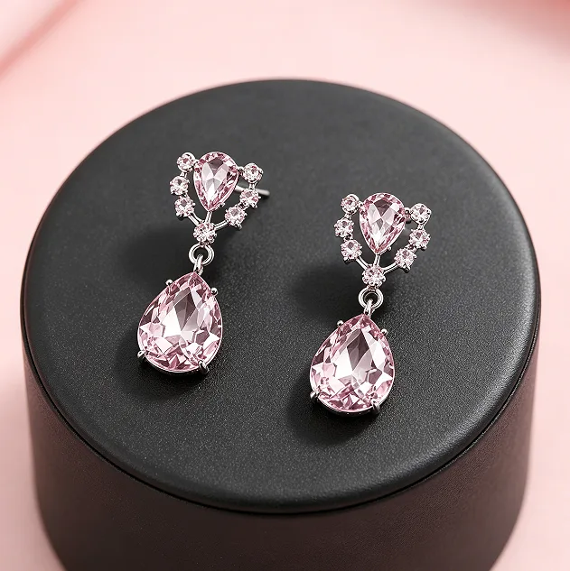 Romantic Floral Cluster Pink Teardrop purple Rhinestone Y Drop Bib Necklaces Dangle Earrings Women Prom Wedding Elegant fashion diamond Jewelry joias de luxo view 3