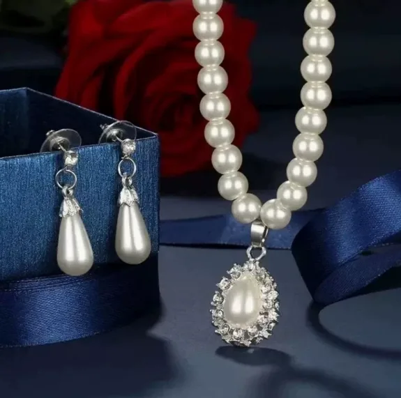 Imitation Pearl women luxury waterdrop pendant necklace drop earrings elegant jewelry set for gift