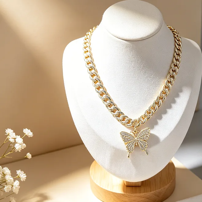 Hip Hop Punk Butterfly Pendant Cuban Link Chain Necklaces Full Stone Round Dial Wrist Watch Large Hoop Earrings Open Ring Stackable Thin Bangles for Women Trendy Jewelry Sets view 2