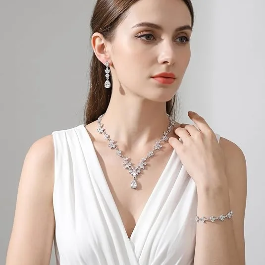 Modern waterdrop flower necklace Dangle Earrings leaf Bracelets designer inspired luxury Jewelry Sets for Women view 3