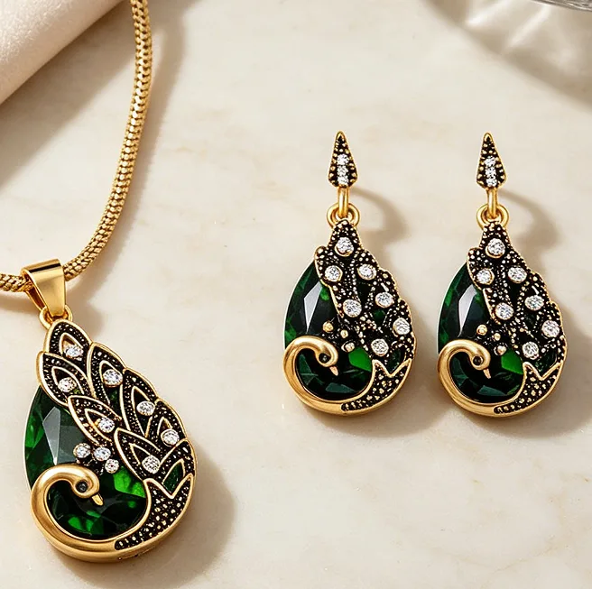 green Peacock Shape Teardrop Pendant Thin Link Necklaces Hook Drop Earrings Charms Bridal Wedding Elegant Party Jewelry for women